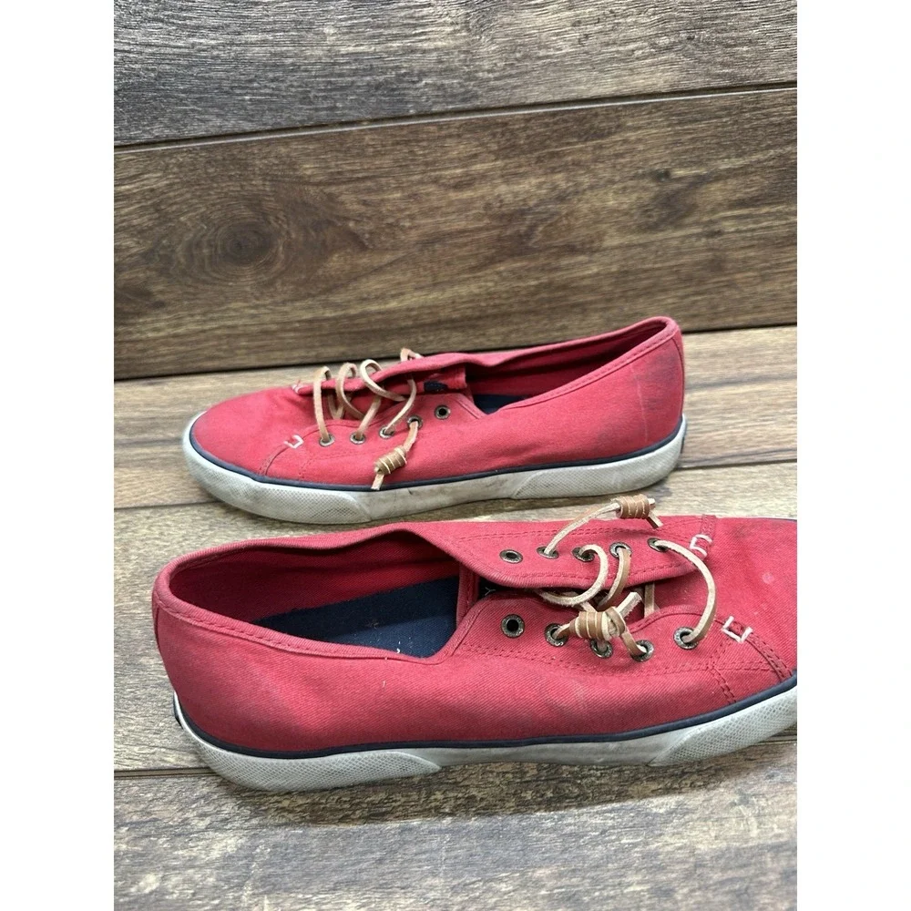 Womens Sperry Top-Sider Classic‎ Red Canvas Leather Laces Boat Shoes Flats Sz 10